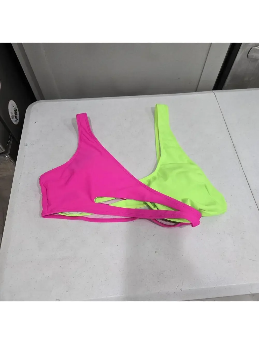 -Neon green and pink bikini top